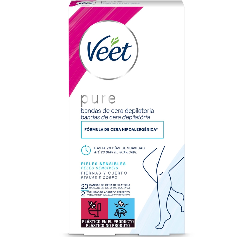Veet Pure Bandas de Cera Depilatoria para Piernas y Cuerpo – Pieles Sensibles 